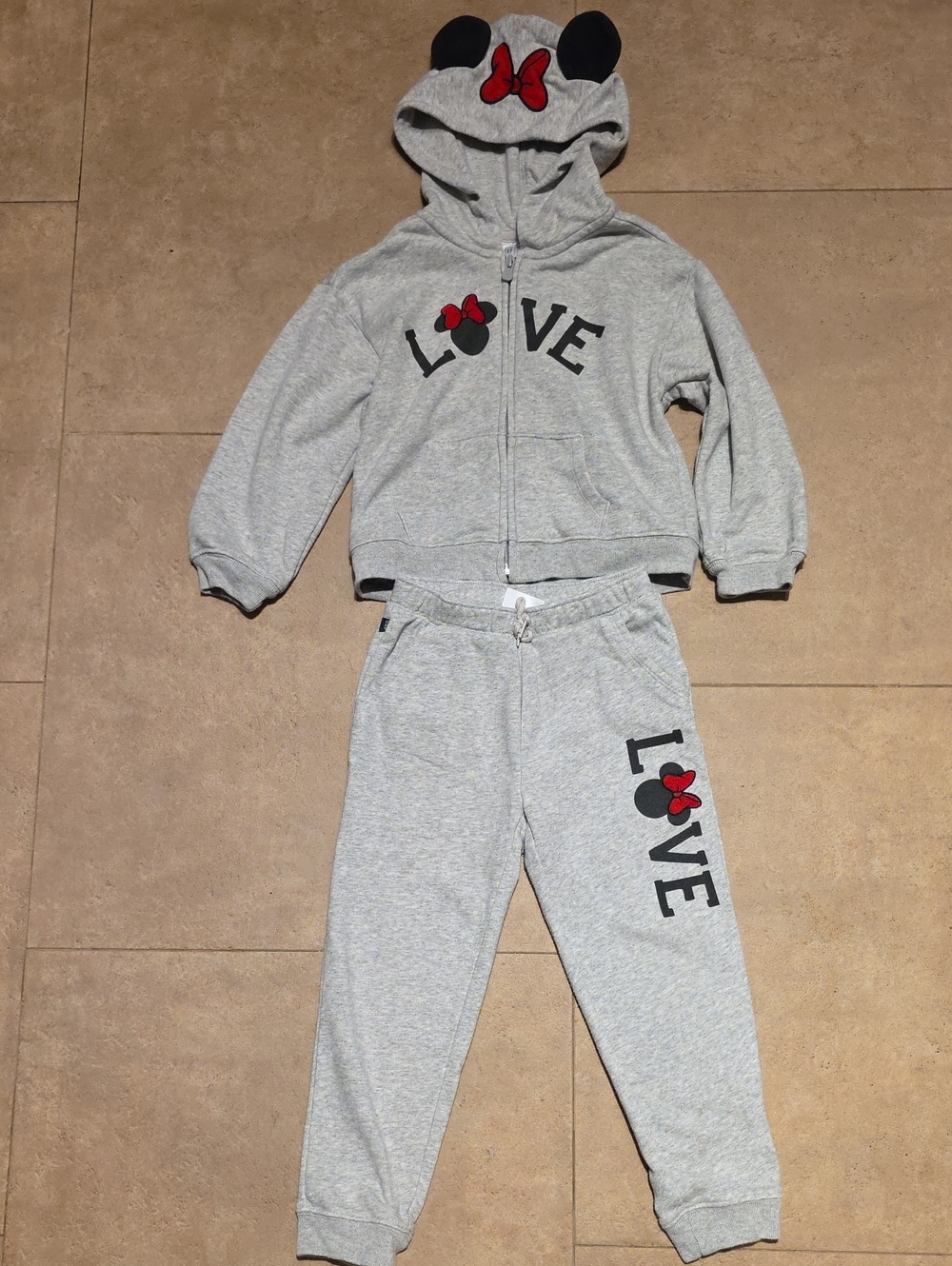 Baby Gap Disney Minnie Mouse Gray Sweatshirt & Jogger Set w Red Bow Accents.
